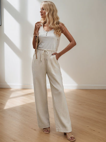 Wide-Leg Pants with Drawstring Waist and Textured Fabric