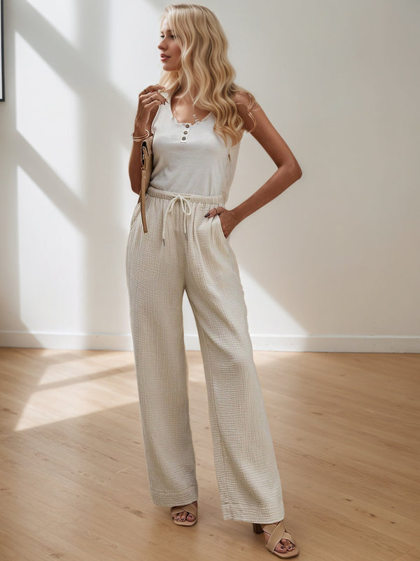 Wide-Leg Pants with Drawstring Waist and Textured Fabric
