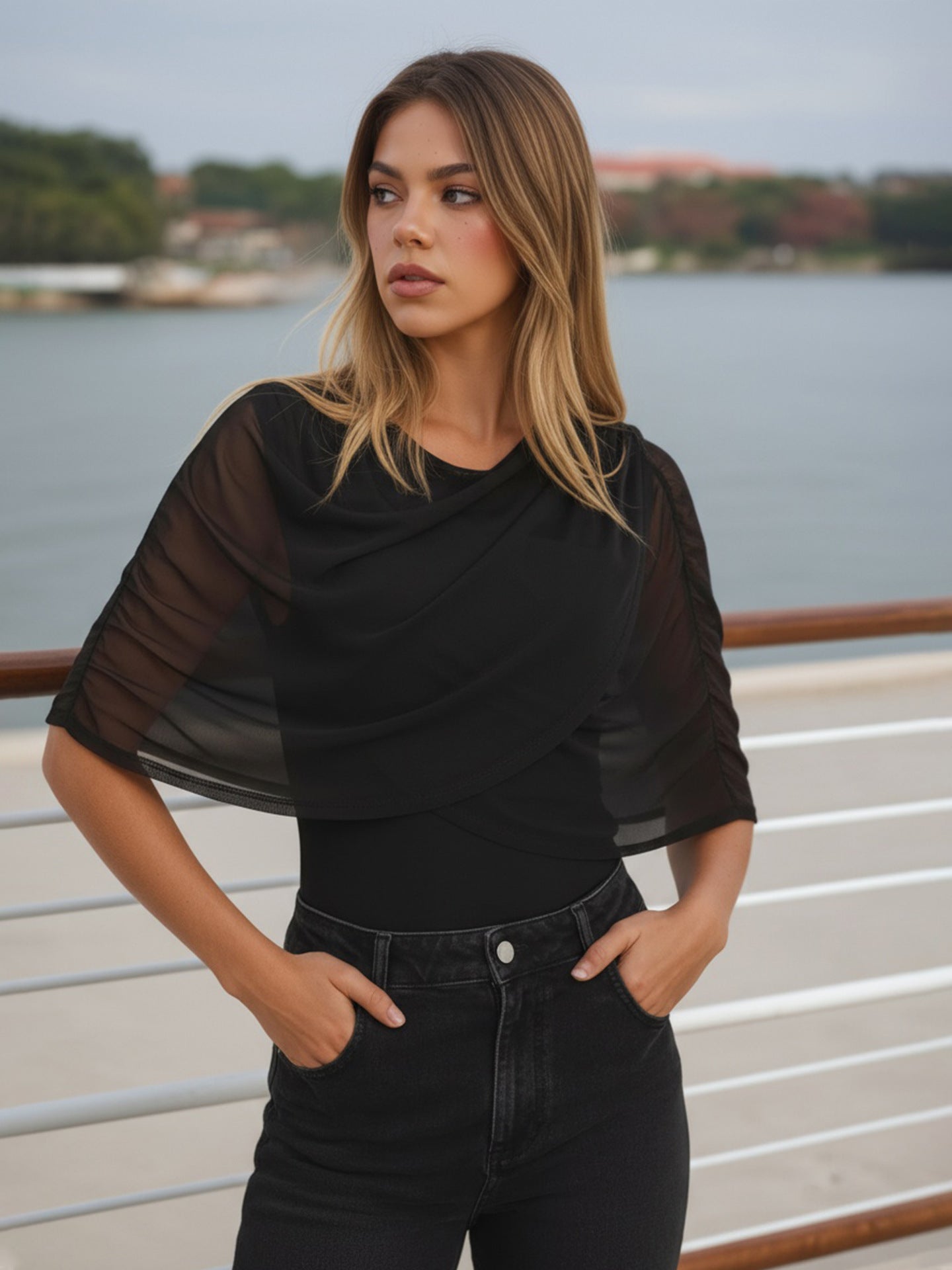 Solid Color Top with Draped Mesh and Ruched Sleeves