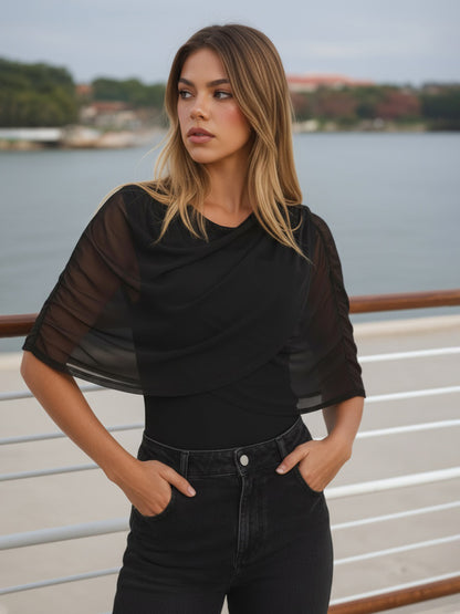 Solid Color Top with Draped Mesh and Ruched Sleeves