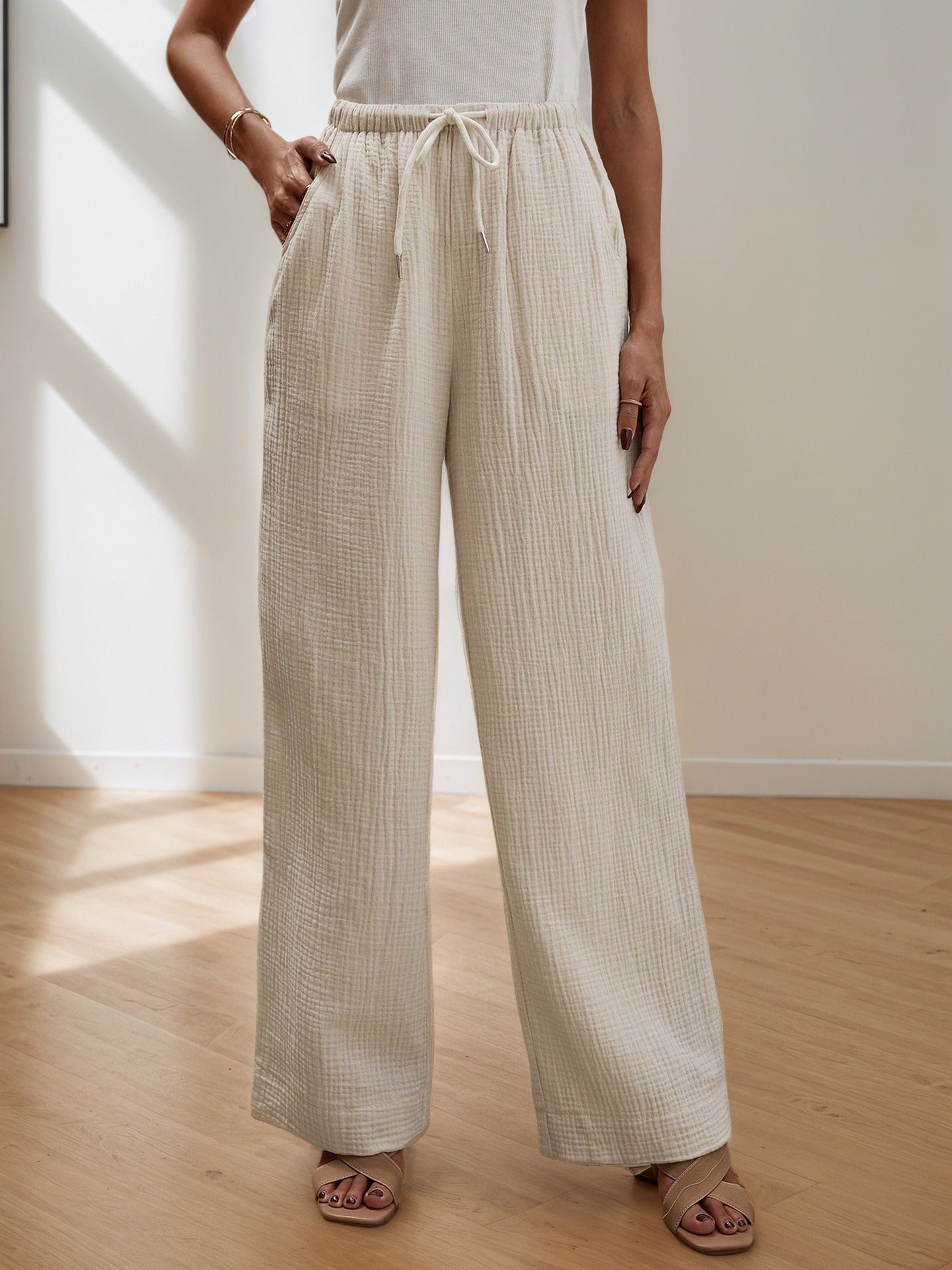 Wide-Leg Pants with Drawstring Waist and Textured Fabric