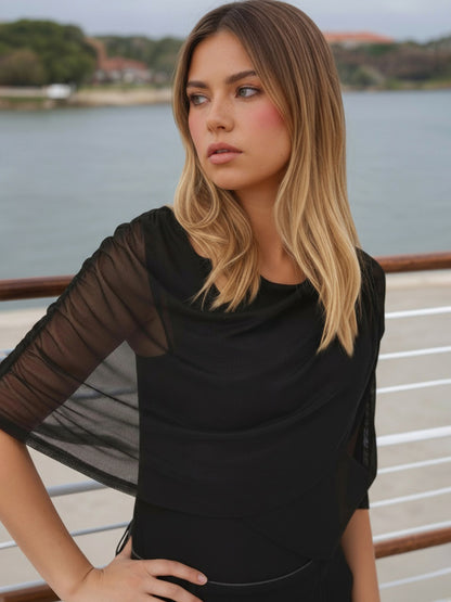 Solid Color Top with Draped Mesh and Ruched Sleeves