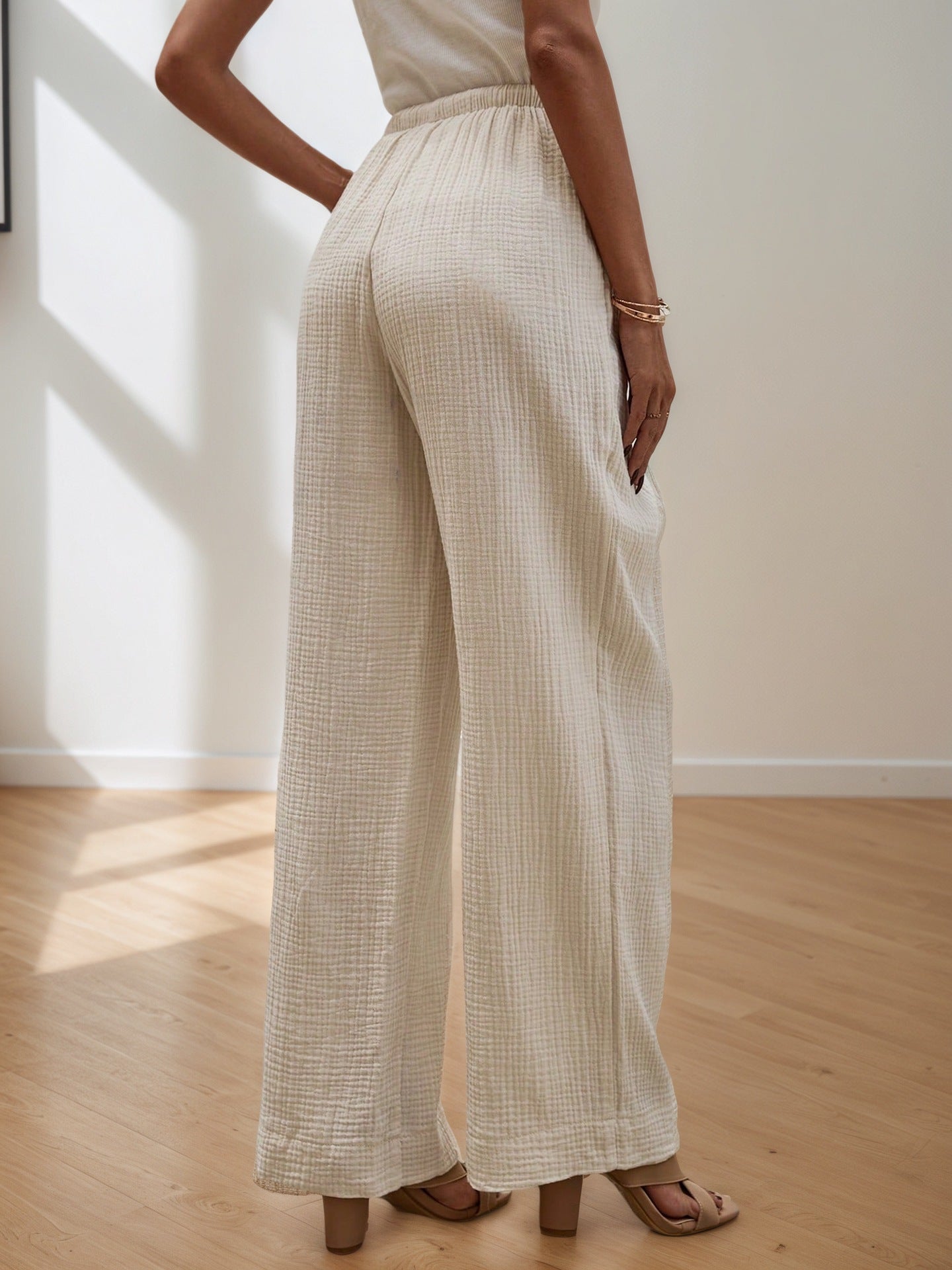 Wide-Leg Pants with Drawstring Waist and Textured Fabric