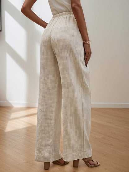 Wide-Leg Pants with Drawstring Waist and Textured Fabric