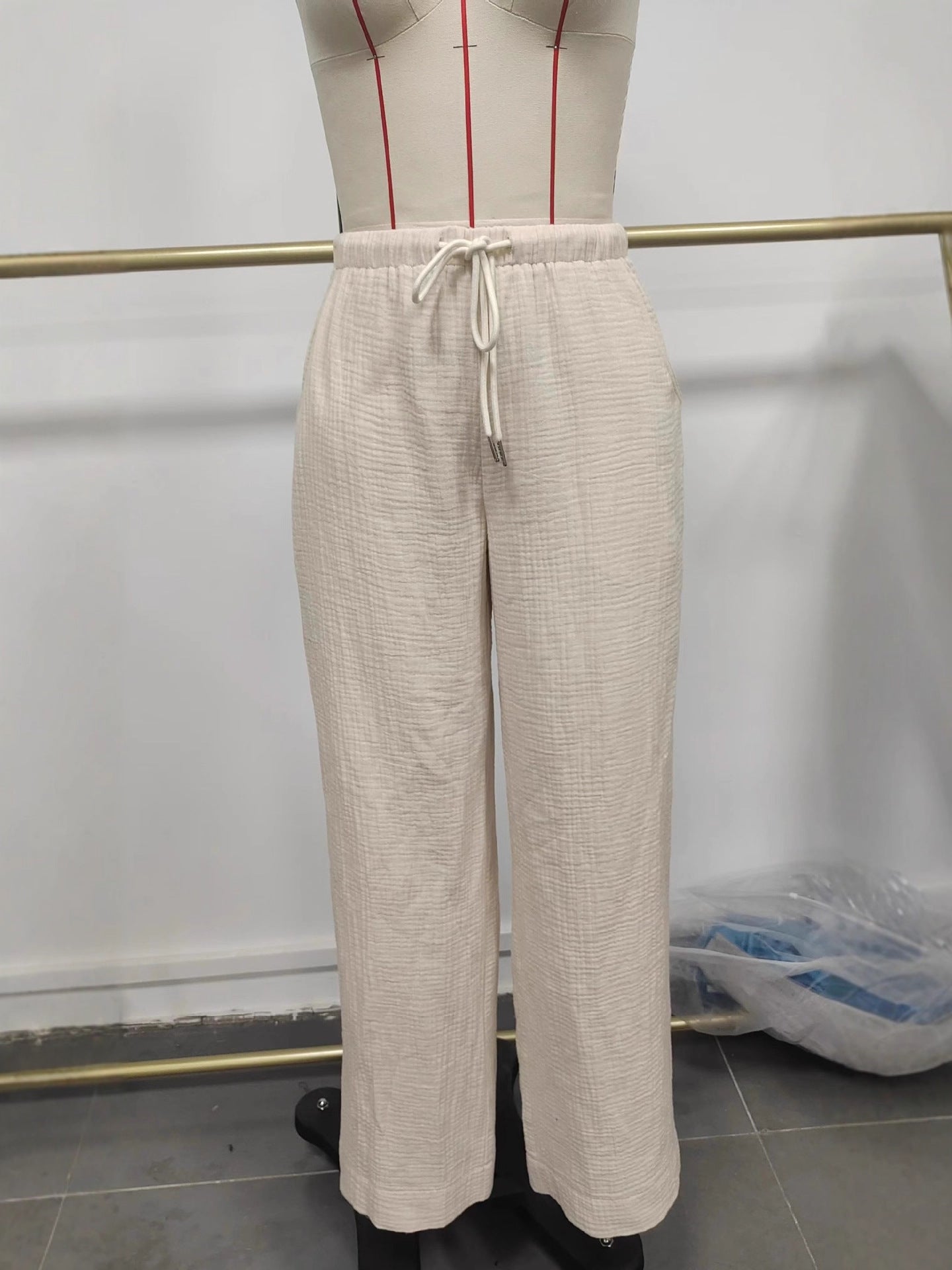 Wide-Leg Pants with Drawstring Waist and Textured Fabric