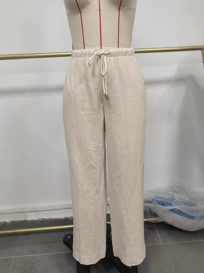 Wide-Leg Pants with Drawstring Waist and Textured Fabric