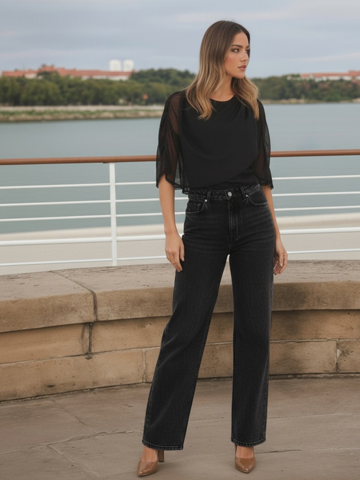 Solid Color Top with Draped Mesh and Ruched Sleeves