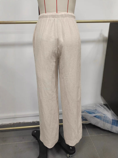 Wide-Leg Pants with Drawstring Waist and Textured Fabric