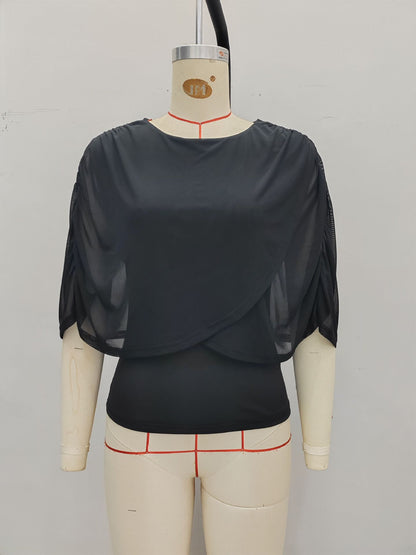 Solid Color Top with Draped Mesh and Ruched Sleeves