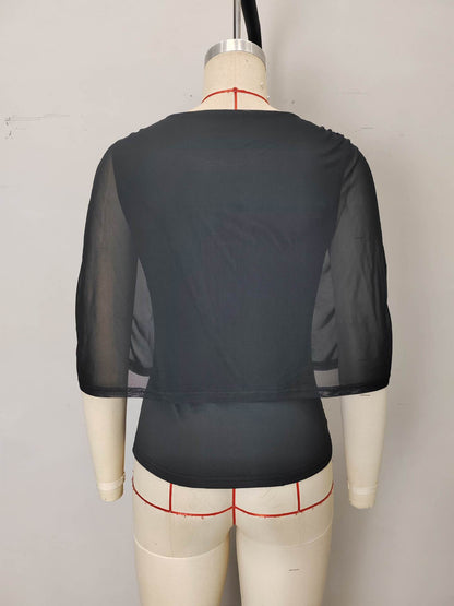 Solid Color Top with Draped Mesh and Ruched Sleeves