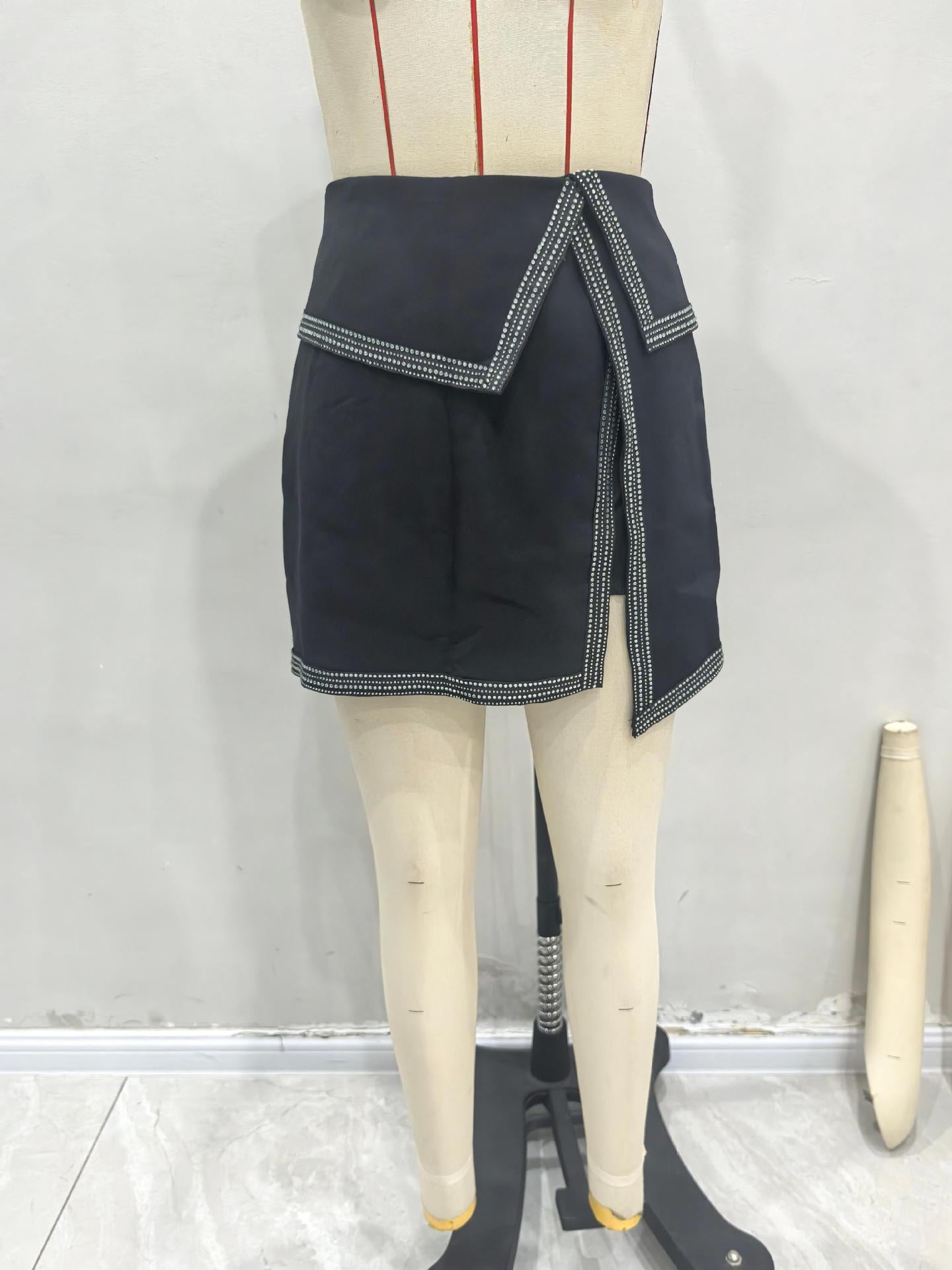 Bodycon Mini Skort with Rhinestone Trim and Asymmetrical Hem