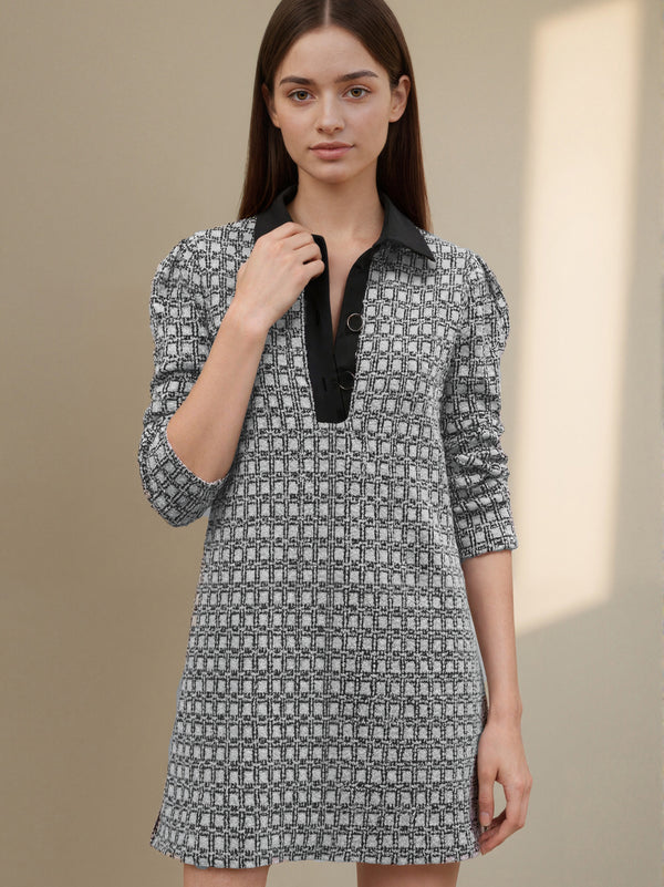 Houndstooth Shirt Dress with Collared V-Neck