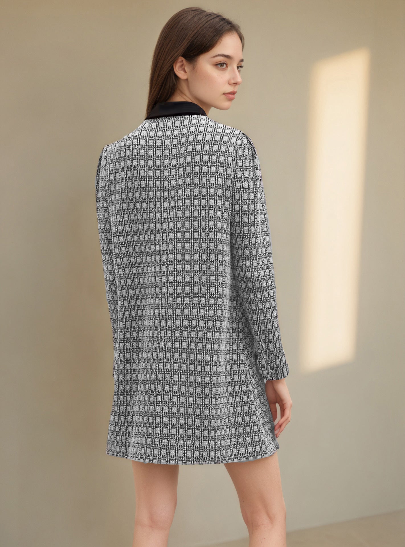 Houndstooth Shirt Dress with Collared V-Neck