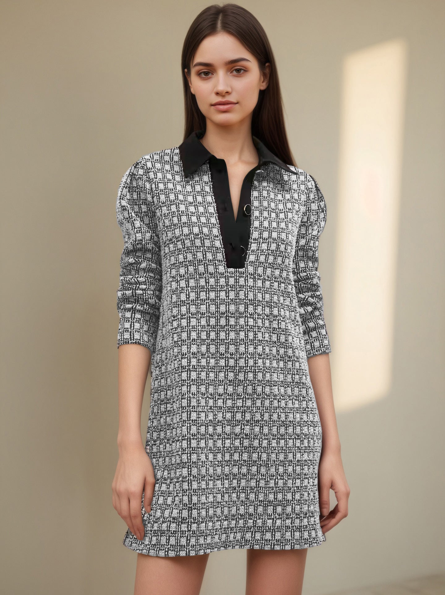 Houndstooth Shirt Dress with Collared V-Neck