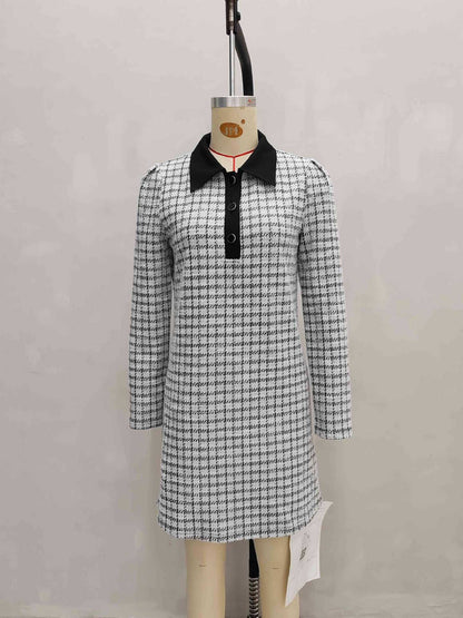 Houndstooth Shirt Dress with Collared V-Neck