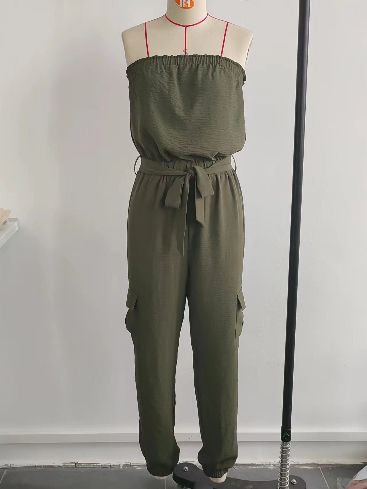 Strapless Jumpsuit with Tie-Waist and Cargo Pockets