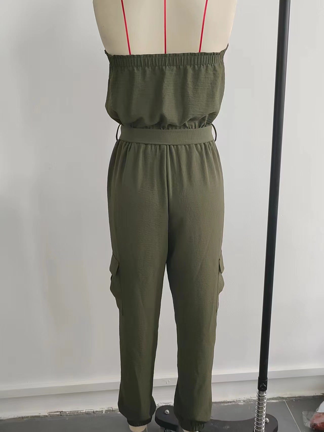 Strapless Jumpsuit with Tie-Waist and Cargo Pockets