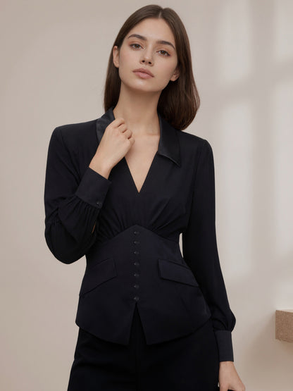 Corset-Style Blouse with Satin Lapel and Puff Sleeves