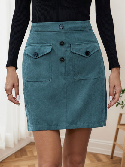 High-Waisted Corduroy Mini Skirt with Flap Pockets and Button Front