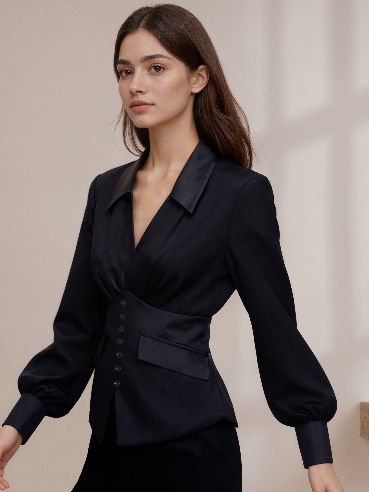 Corset-Style Blouse with Satin Lapel and Puff Sleeves