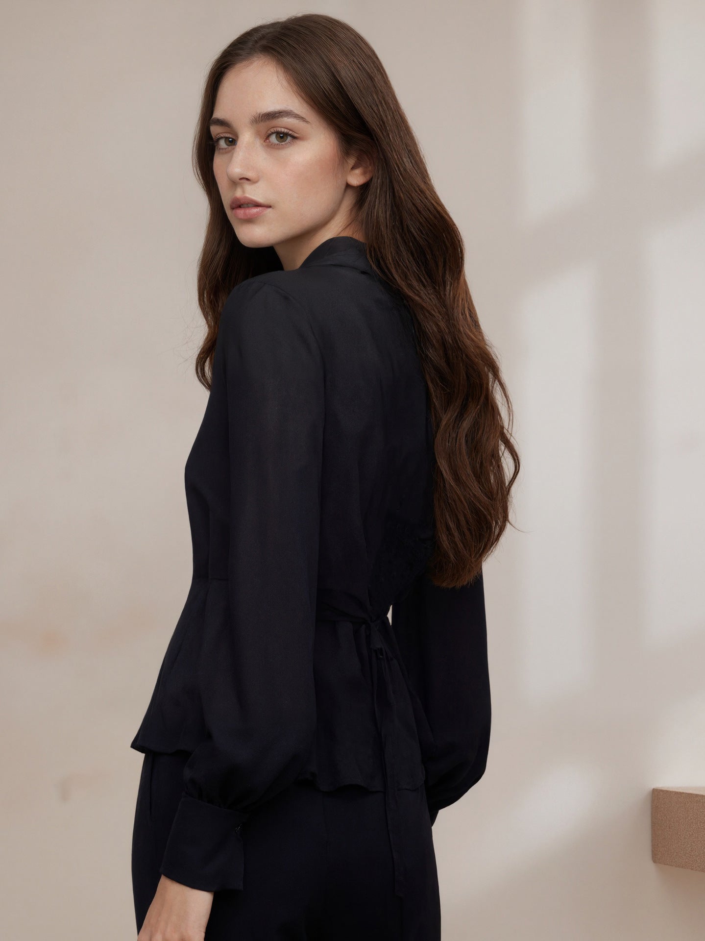 Corset-Style Blouse with Satin Lapel and Puff Sleeves