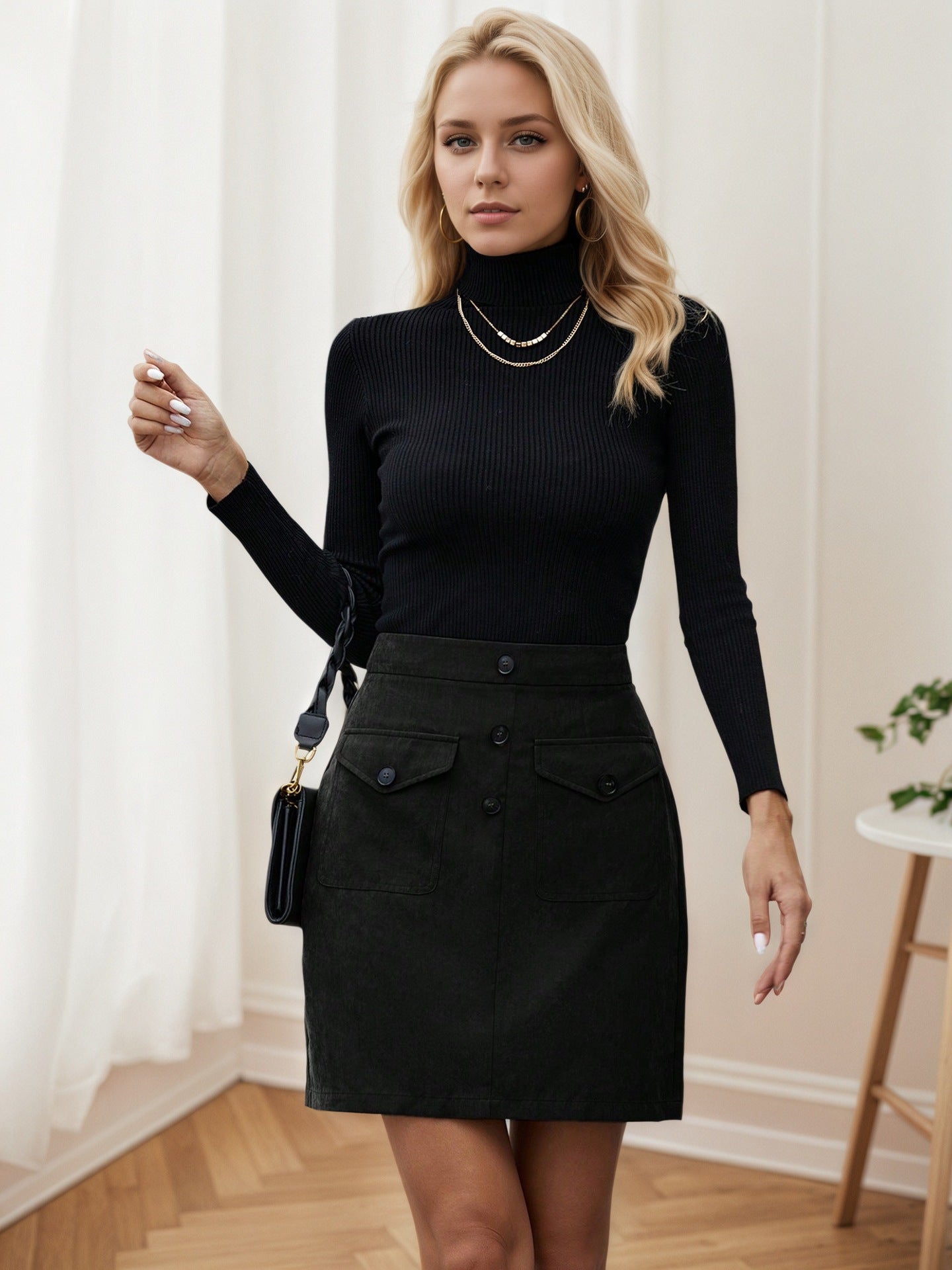 High-Waisted Corduroy Mini Skirt with Flap Pockets and Button Front