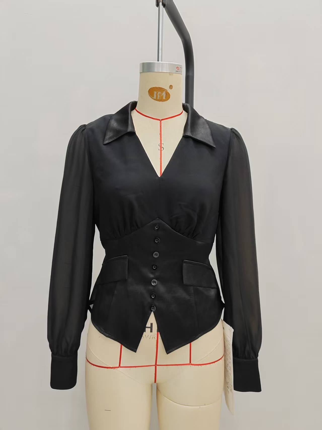 Corset-Style Blouse with Satin Lapel and Puff Sleeves