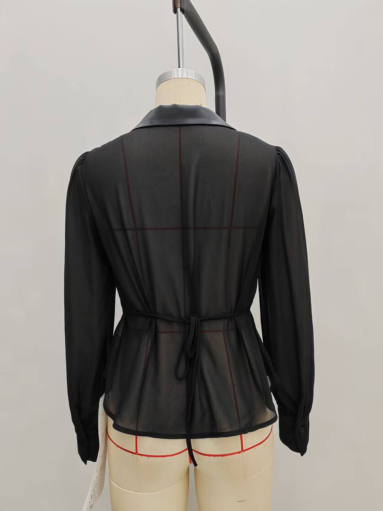 Corset-Style Blouse with Satin Lapel and Puff Sleeves