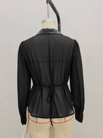 Corset-Style Blouse with Satin Lapel and Puff Sleeves