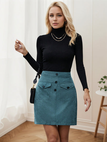 High-Waisted Corduroy Mini Skirt with Flap Pockets and Button Front