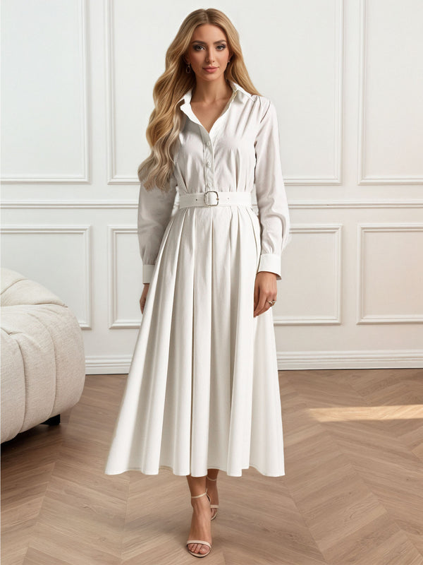 Solid A-Line Shirt Dress with Belt and Pleated Skirt