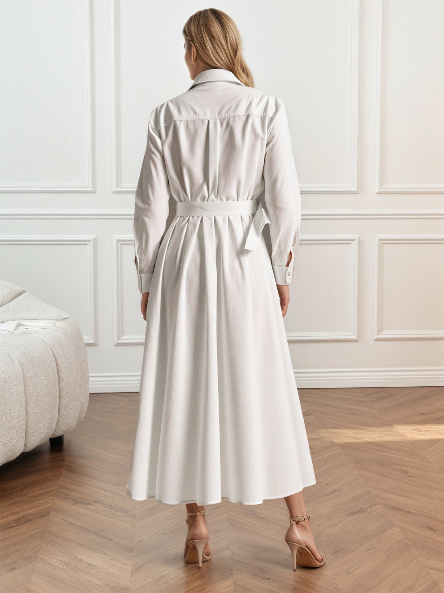 Solid A-Line Shirt Dress with Belt and Pleated Skirt