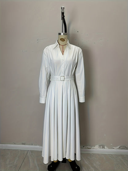 Solid A-Line Shirt Dress with Belt and Pleated Skirt