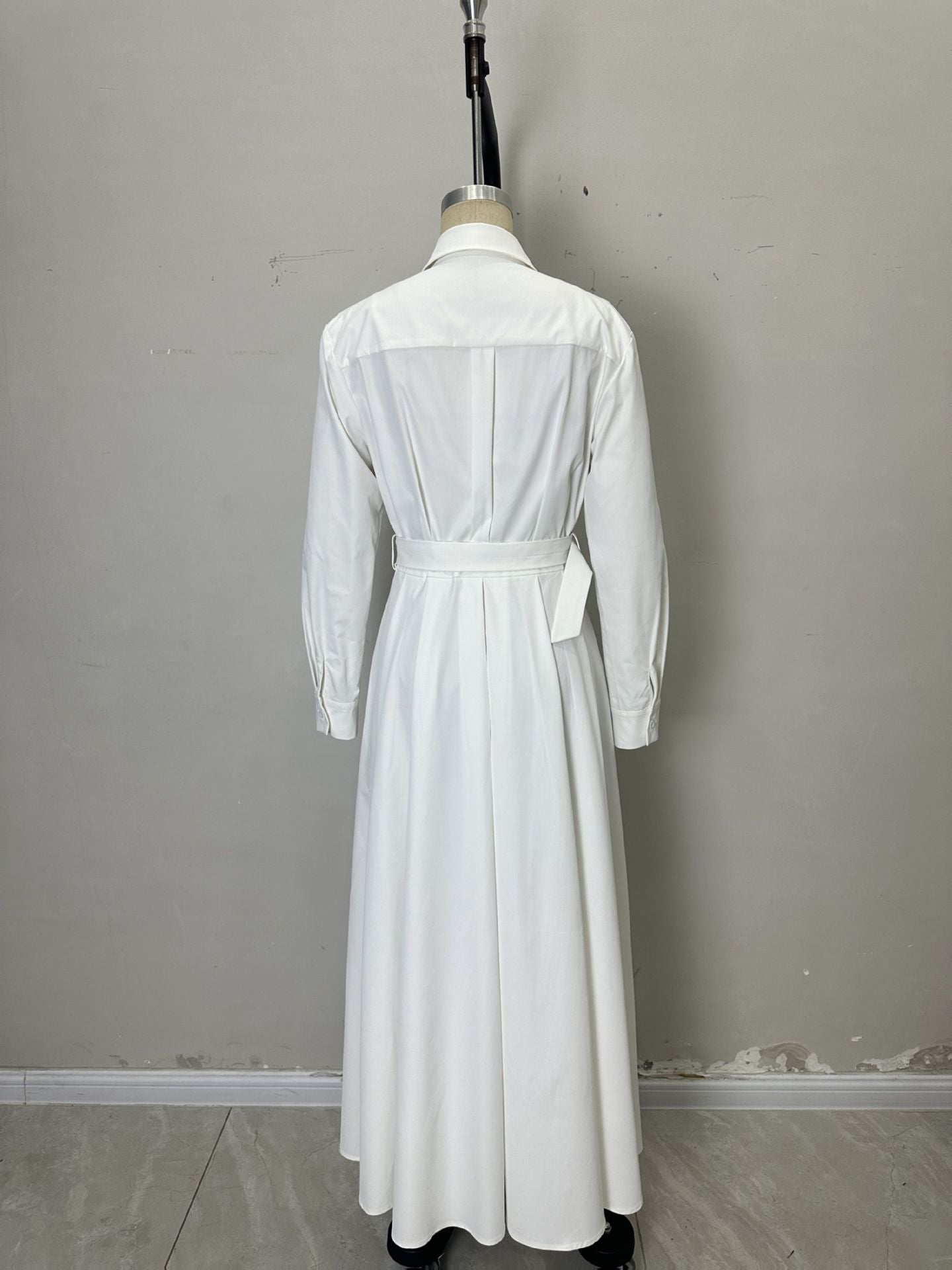 Solid A-Line Shirt Dress with Belt and Pleated Skirt
