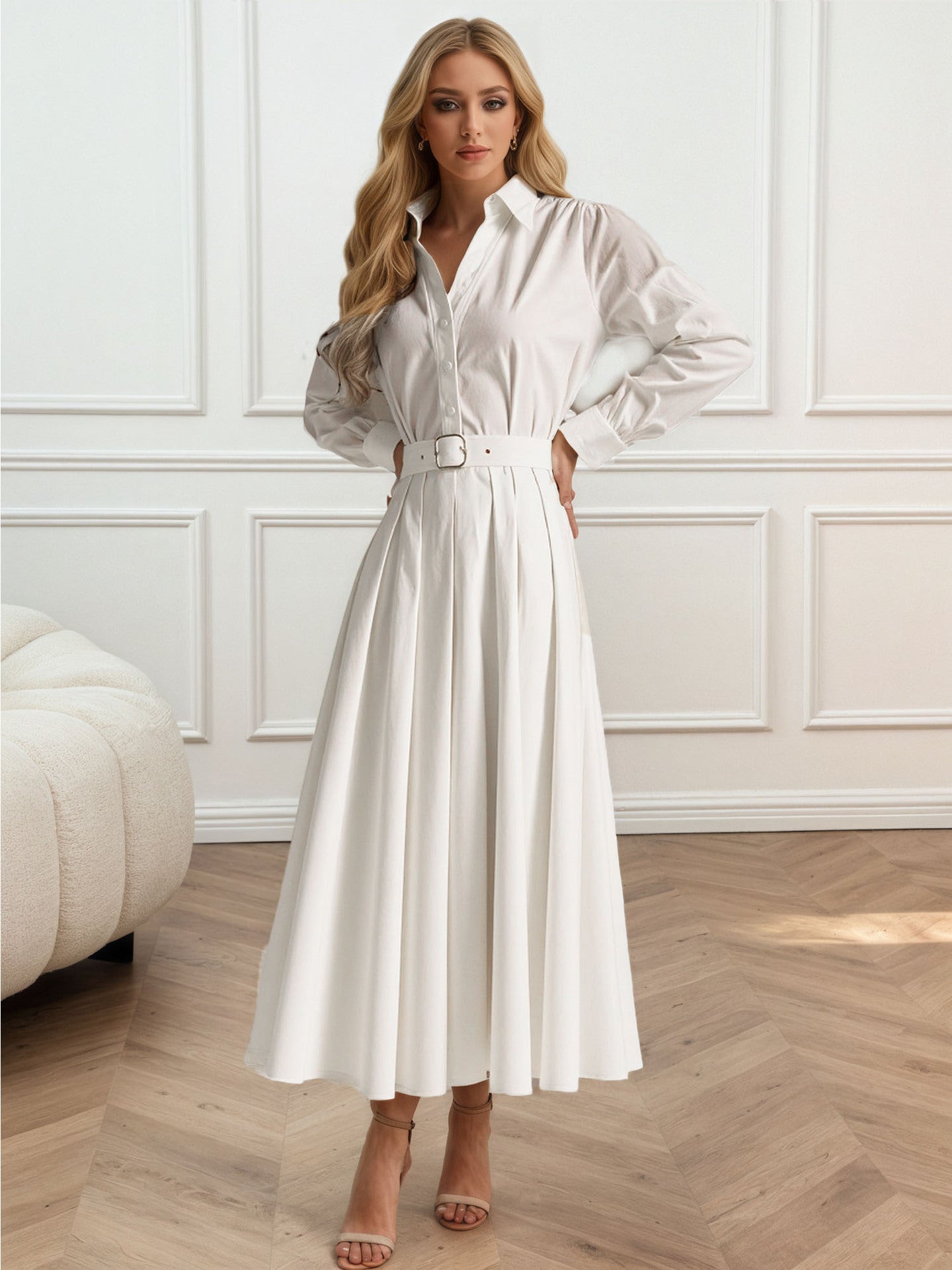 Solid A-Line Shirt Dress with Belt and Pleated Skirt
