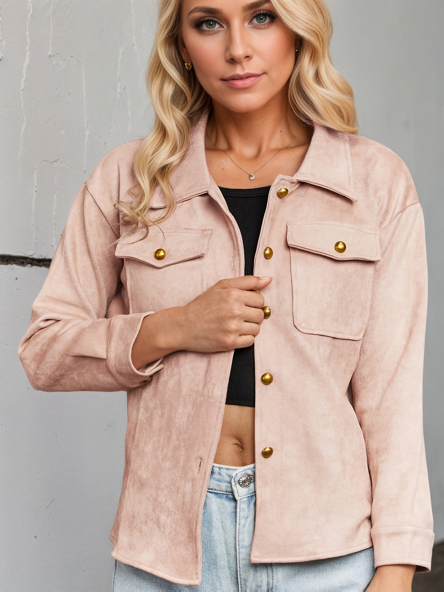 Brushed Suede Shirt Jacket with Double Chest Pockets