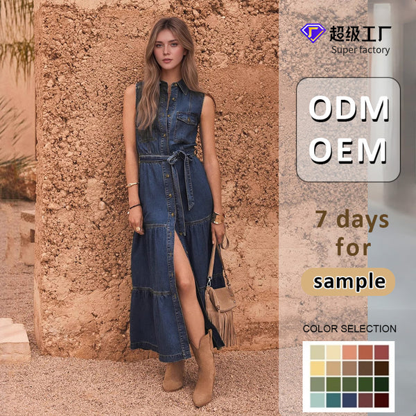 Sleeveless Faux Denim Shirt Dress with Tiered Skirt and Slit