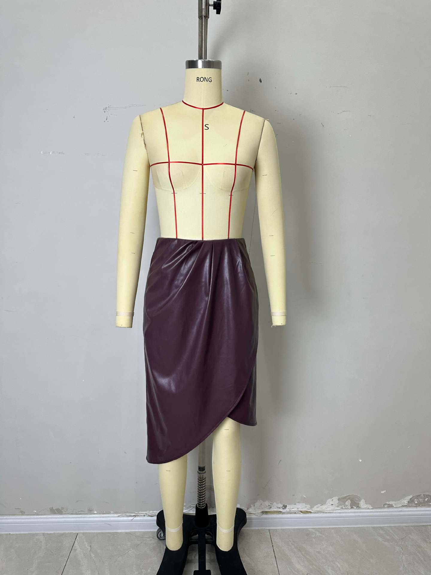 High-Waist PU Leather Midi Skirt with Draped Wrap Front