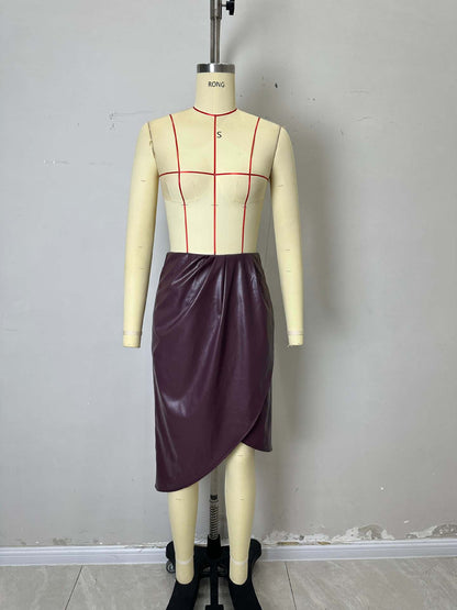 High-Waist PU Leather Midi Skirt with Draped Wrap Front