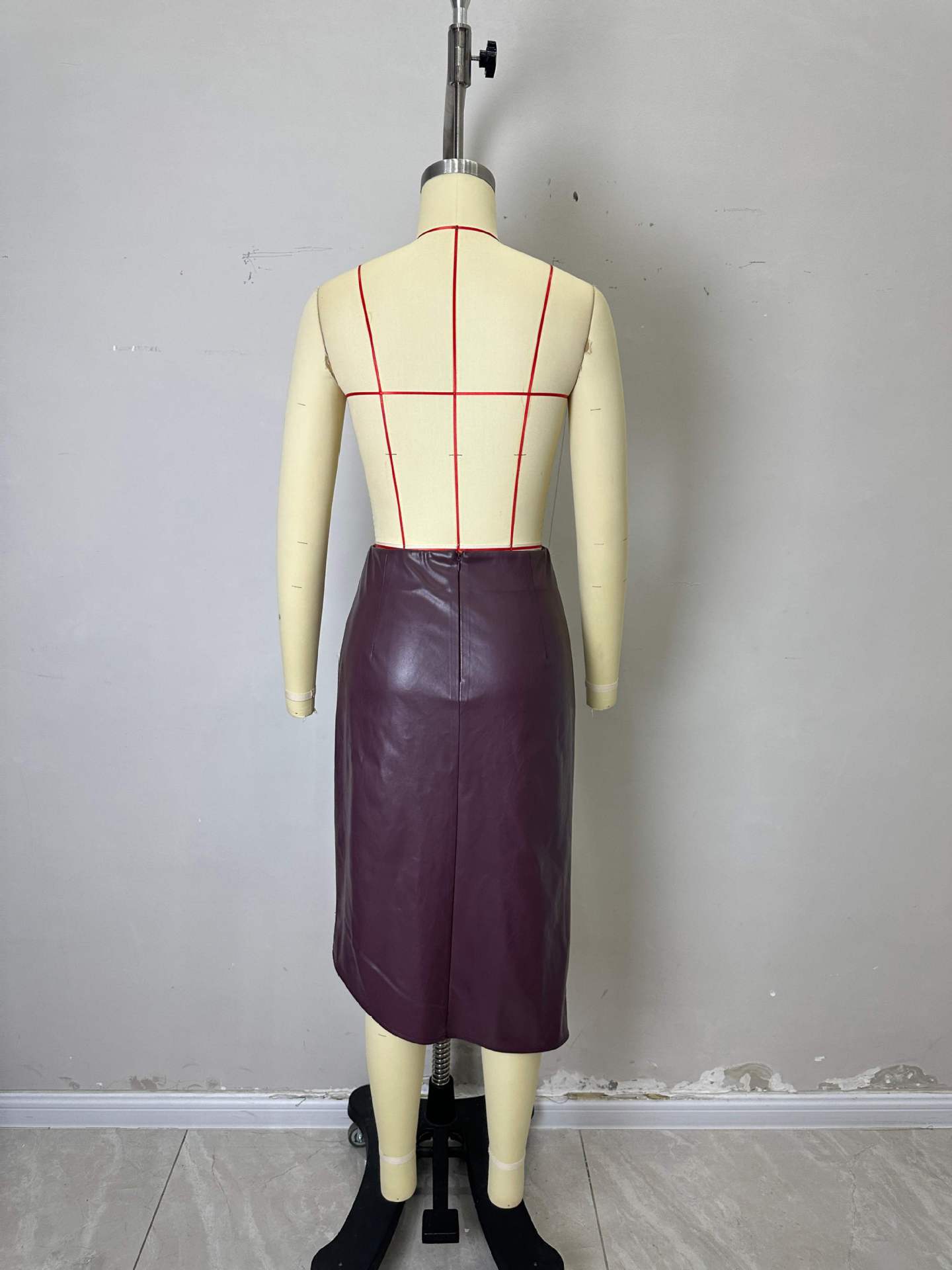 High-Waist PU Leather Midi Skirt with Draped Wrap Front
