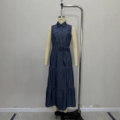 Sleeveless Faux Denim Shirt Dress with Tiered Skirt and Slit