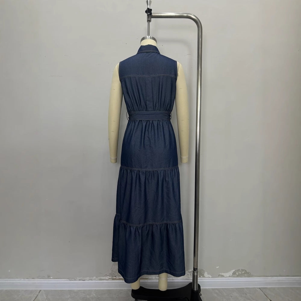 Sleeveless Faux Denim Shirt Dress with Tiered Skirt and Slit
