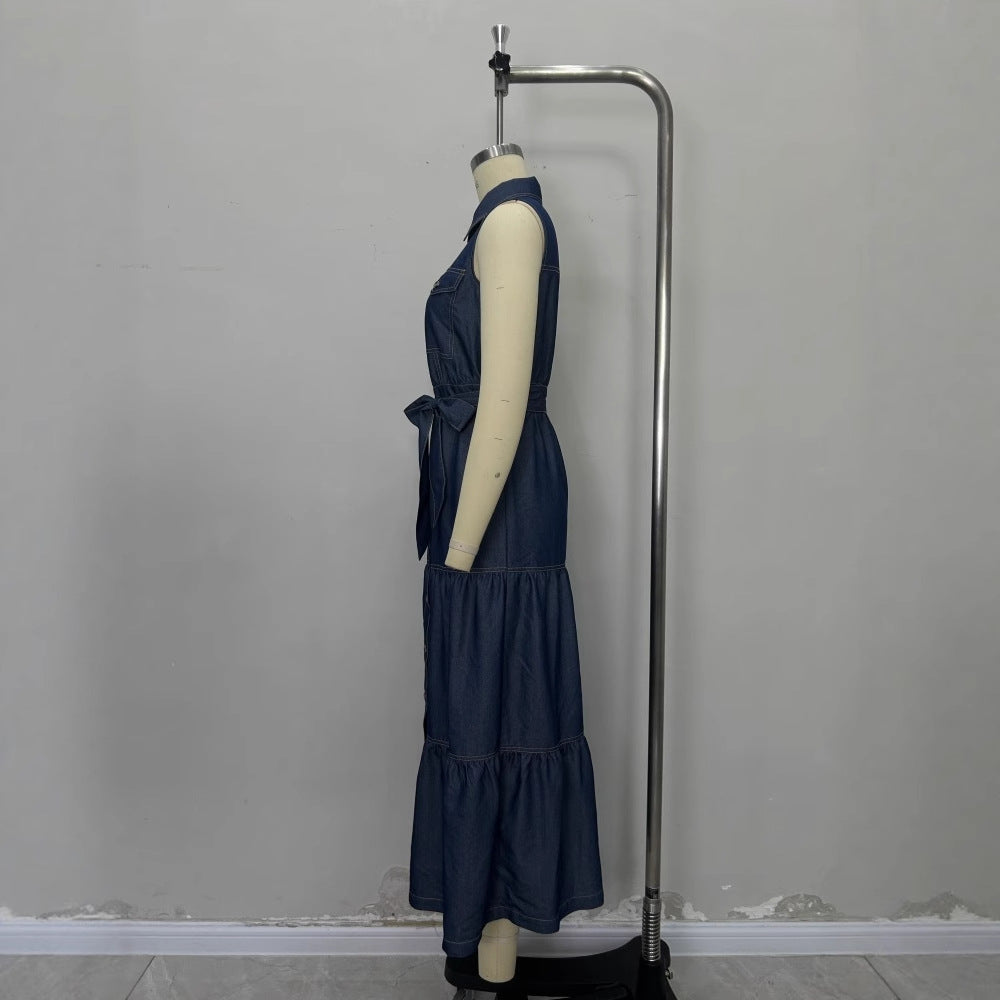 Sleeveless Faux Denim Shirt Dress with Tiered Skirt and Slit