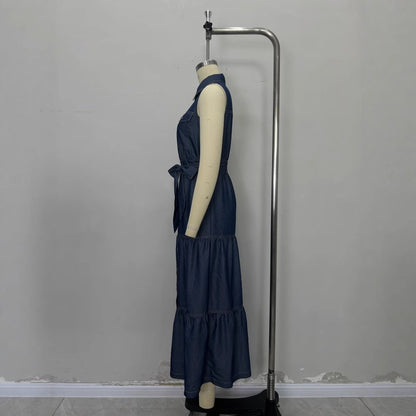 Sleeveless Faux Denim Shirt Dress with Tiered Skirt and Slit