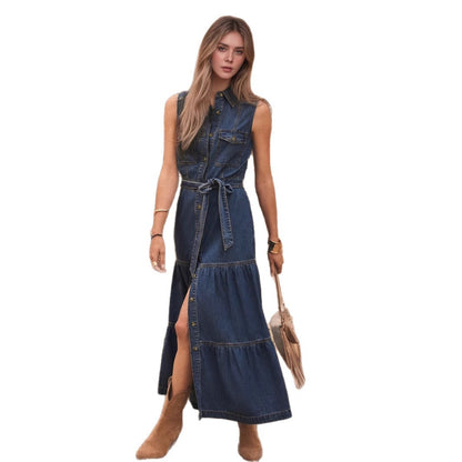 Sleeveless Faux Denim Shirt Dress with Tiered Skirt and Slit