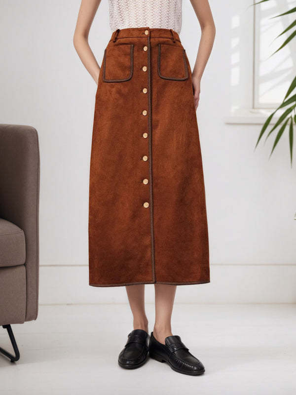 High-Waist Suede Midi Skirt with Button Front and Patch Pockets