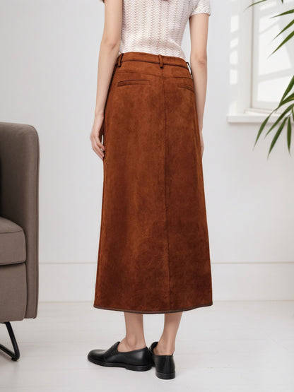High-Waist Suede Midi Skirt with Button Front and Patch Pockets