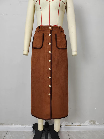 High-Waist Suede Midi Skirt with Button Front and Patch Pockets