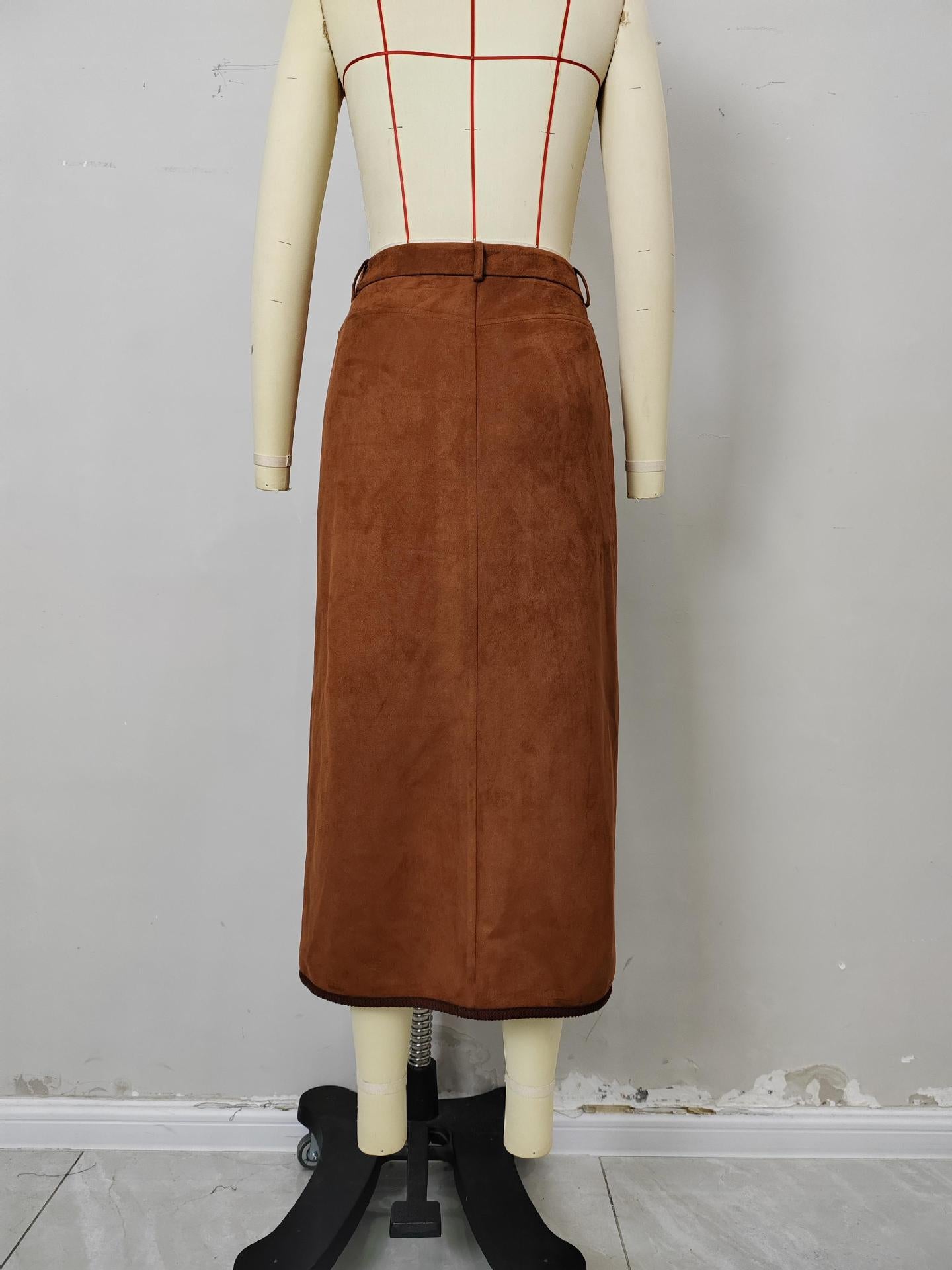 High-Waist Suede Midi Skirt with Button Front and Patch Pockets