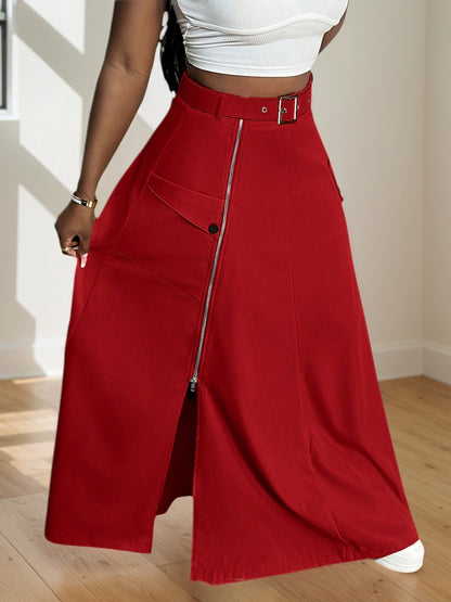 Solid A-Line Maxi Skirt with Belt and Zipper Slit